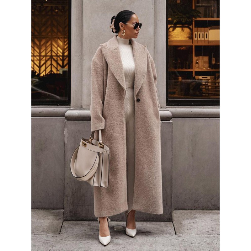 Woman Coat Khaki Turndown Collar Long Sleeves Buttons Maxi Coat Casual