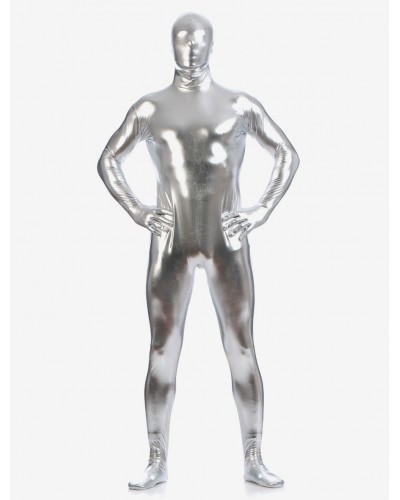 Men Silver Zentai Suit Adults Full Body Shiny Metallic Bodysuit For Solid