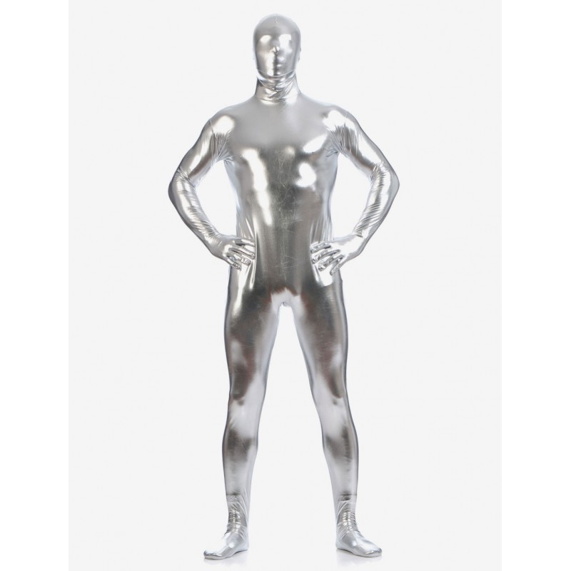 Men Silver Zentai Suit Adults Full Body Shiny Metallic Bodysuit For Solid