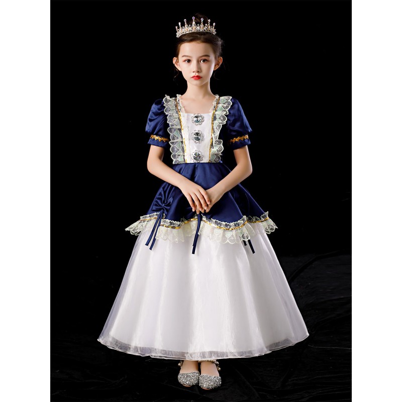 Polyester Fiber Tea Party Lace 3/4 Length Sleeves Polyester Dress Gothic Blue Kids' Lolita Dresses