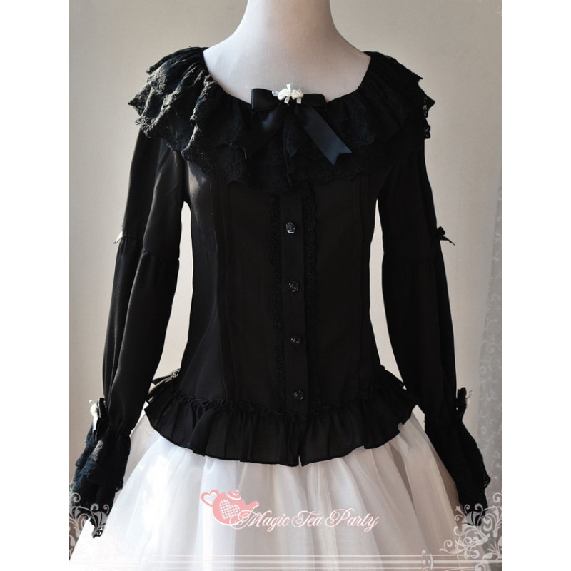 Black Layered Lace Chiffon Lolita Blouse For Girls Lovely