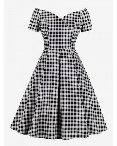 Black Dress 1950s Audrey Hepburn Style Short Sleeve V Neck Plaid Dresses Vintage Retro Summer