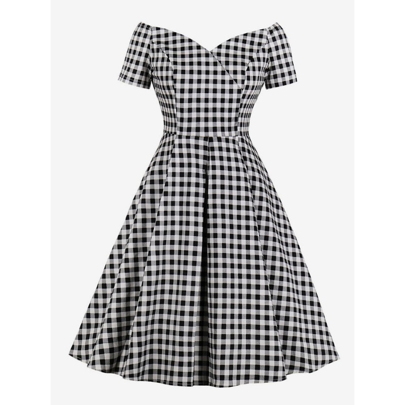 Black Dress 1950s Audrey Hepburn Style Short Sleeve V Neck Plaid Dresses Vintage Retro Summer