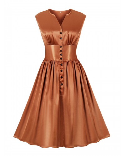 Dress 1950s Audrey Hepburn Style V-Neck Buttons Sleeveless Woman's Knee Length Rockabilly Dress Bodycon Retro Summer