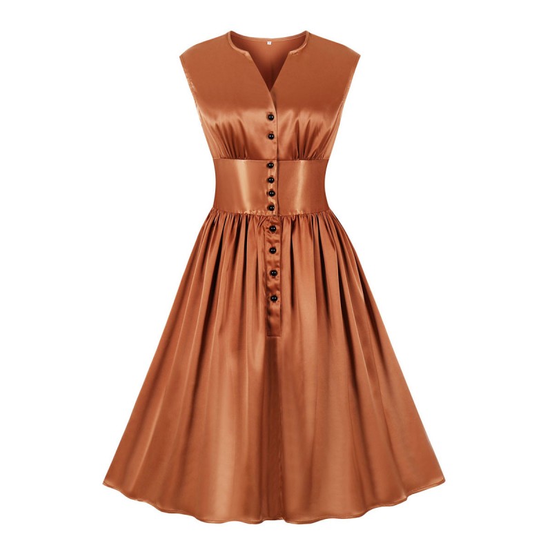 Dress 1950s Audrey Hepburn Style V-Neck Buttons Sleeveless Woman's Knee Length Rockabilly Dress Bodycon Retro Summer