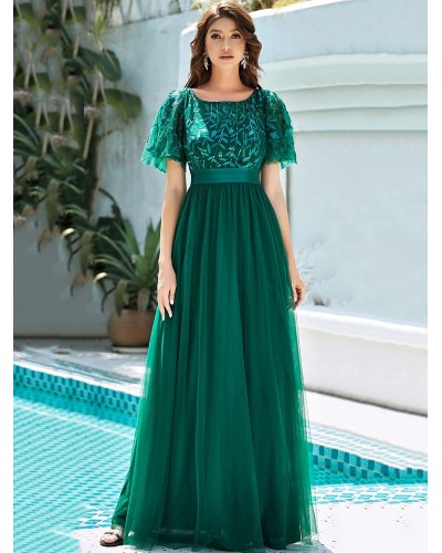 Tulle Party Dresses Short Sleeves Semi Formal Maxi Prom Dress Elegant Graduation