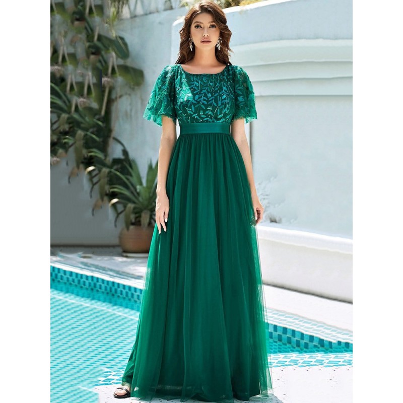 Tulle Party Dresses Short Sleeves Semi Formal Maxi Prom Dress Elegant Graduation