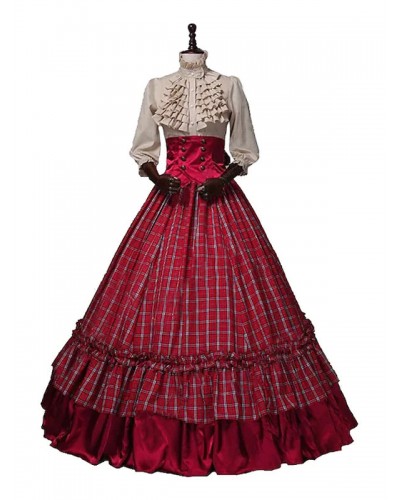 Women Burgundy Costumes Ruffles Polyester Plaid Top Marie Antoinette Costume 's Set 18th Century Costume Sets Retro Euro-Style