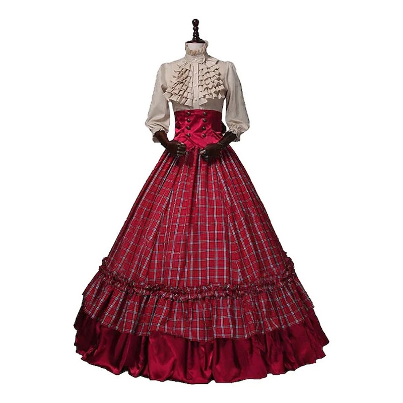 Women Burgundy Costumes Ruffles Polyester Plaid Top Marie Antoinette Costume 's Set 18th Century Costume Sets Retro Euro-Style