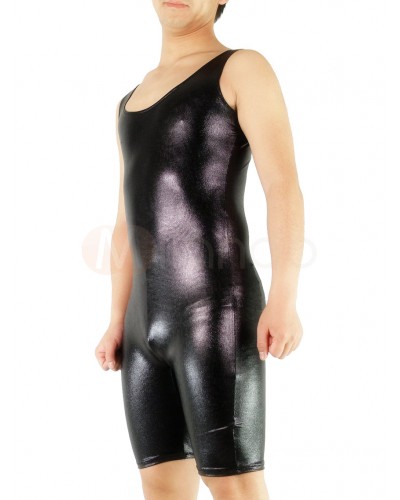 Unisex Halloween Black Sleeveless Shorts Style Unitard Shiny Metallic Catsuit Solid