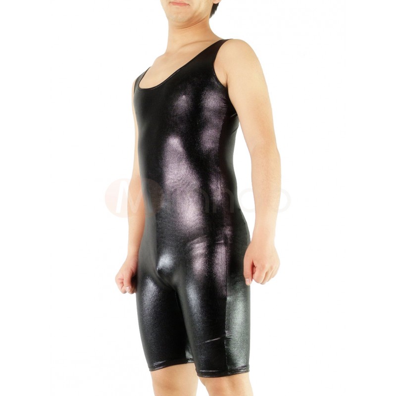 Unisex Halloween Black Sleeveless Shorts Style Unitard Shiny Metallic Catsuit Solid