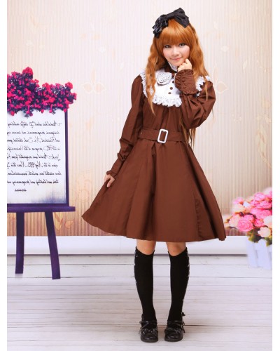 Coffee Cotton Stand Collar Long Sleeves Classic Lolita Dress Classic  Traditional Fall Tea Party