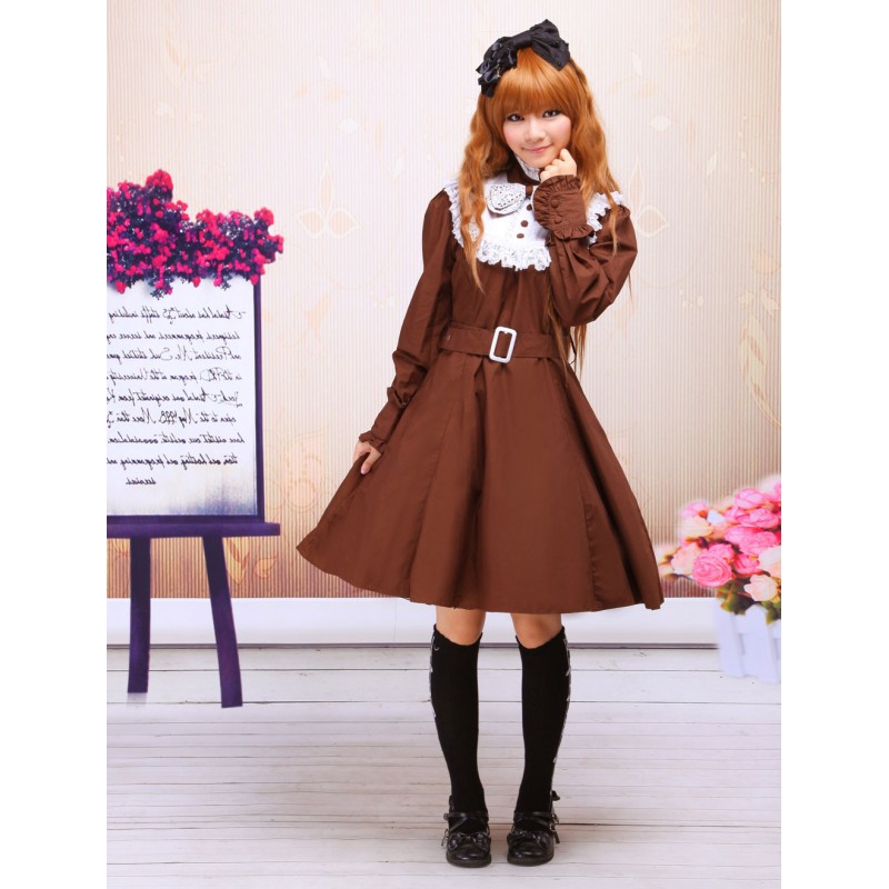 Coffee Cotton Stand Collar Long Sleeves Classic Lolita Dress Classic  Traditional Fall Tea Party