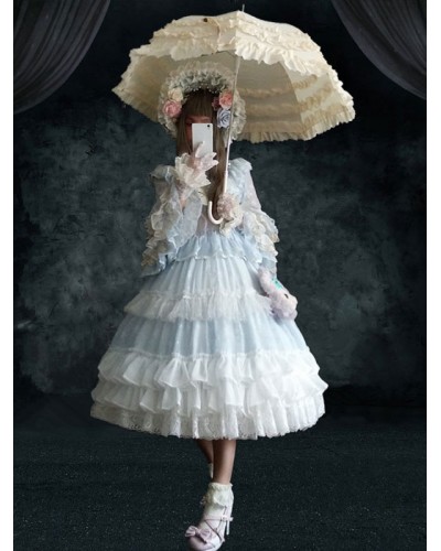 Sweet Lolita OP Dress 4-Piece Set Baby Blue Ruffles Long Sleeve Lolita One Piece Dresses Outfit