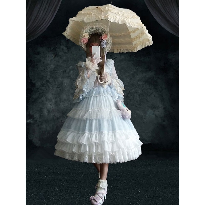 Sweet Lolita OP Dress 4-Piece Set Baby Blue Ruffles Long Sleeve Lolita One Piece Dresses Outfit