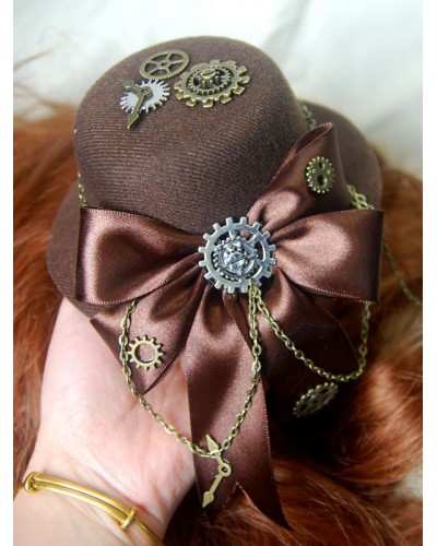 Lolita Hat Tweed Satin Bow Metallic Chain Dark Brown Lolita Hair Accessory Steampunk