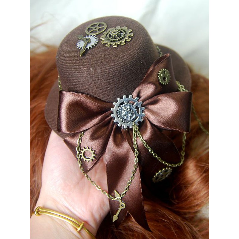 Lolita Hat Tweed Satin Bow Metallic Chain Dark Brown Lolita Hair Accessory Steampunk