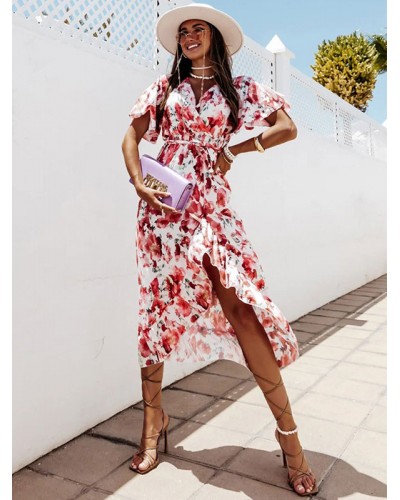 Women Summer Midi Dress White V-Neck Lace Up Floral Print Beach Dress Casual Street Wear Daily Casual Resort Wear