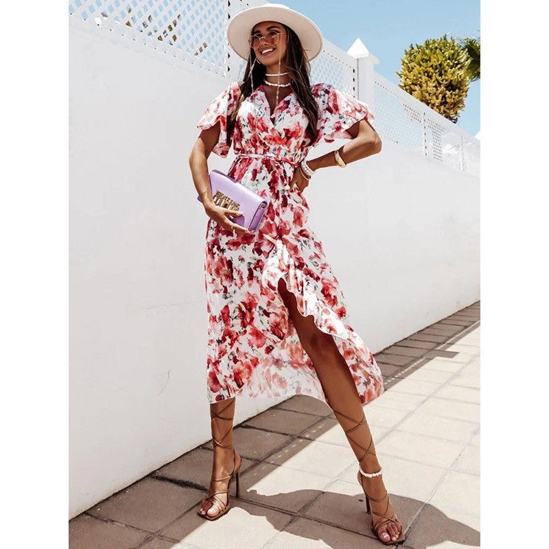 Women Summer Midi Dress White V-Neck Lace Up Floral Print Beach Dress Casual Street Wear Daily Casual Resort Wear