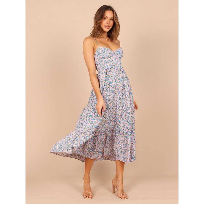 Floral Print Lace Up Backless Straps Neck Midi Dress Bohemian Party Outdoor