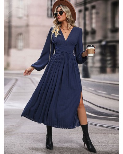 Midi Dress Sash High-slit V-Neck Long Sleeves Fall Dresses For Women Bodycon Daily Casual Street Wear Dating