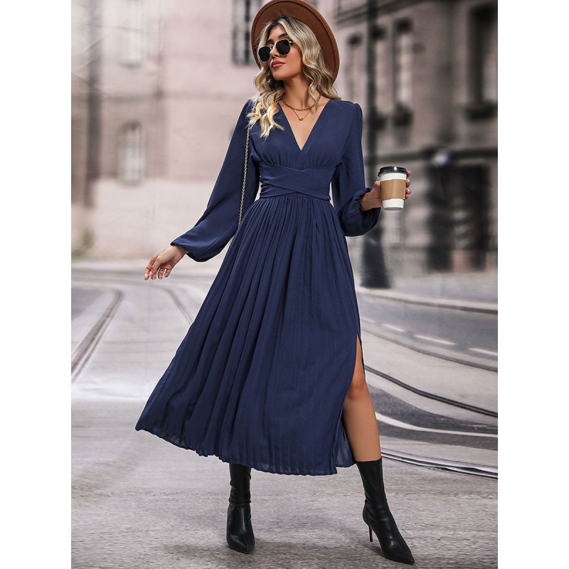 Midi Dress Sash High-slit V-Neck Long Sleeves Fall Dresses For Women Bodycon Daily Casual Street Wear Dating