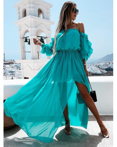 Summer Dress Bateau Neck 3/4-Length Sleeves Layered Orange Long Split Dress Bohemian Beach Resort Wear