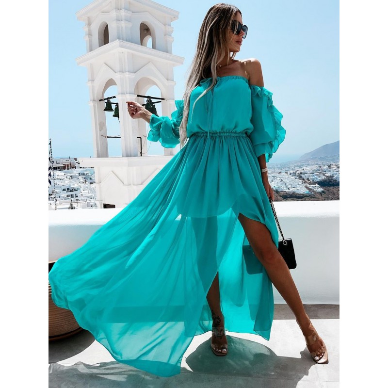 Summer Dress Bateau Neck 3/4-Length Sleeves Layered Orange Long Split Dress Bohemian Beach Resort Wear