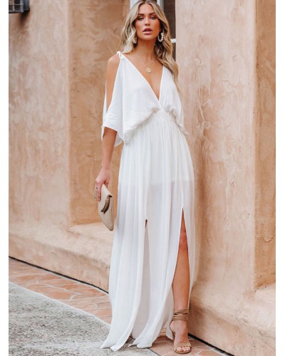 Women V-Neck Maxi Dress Open Shoulder Floor Length Dress Bohemian Summer