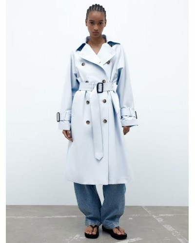 Women Trench Coat Baby Blue Turndown Collar Long Sleeves Outerwear Trench Coats Spring Fall Street Wear Daily Casual Field