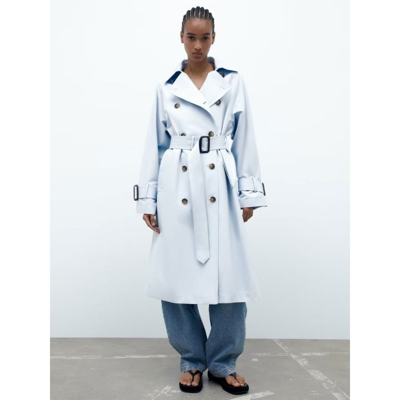 Women Trench Coat Baby Blue Turndown Collar Long Sleeves Outerwear Trench Coats Spring Fall Street Wear Daily Casual Field