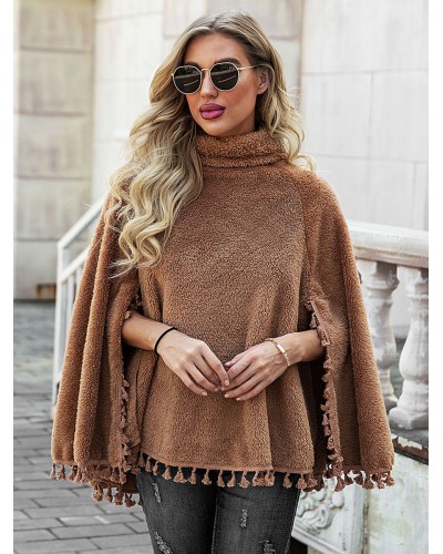 Women Poncho Turtleneck Pom Poms Khaki Fall Spring Cape Casual Daily Casual Street Wear