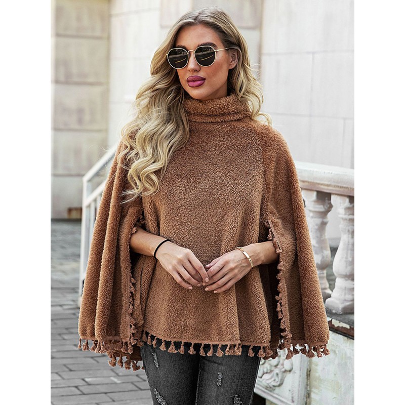 Women Poncho Turtleneck Pom Poms Khaki Fall Spring Cape Casual Daily Casual Street Wear