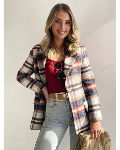 Blazer For Women Chic Plaid Turndown Collar Pockets Long Sleeves Outerwear Tailored Jacket Spring Fall Winter