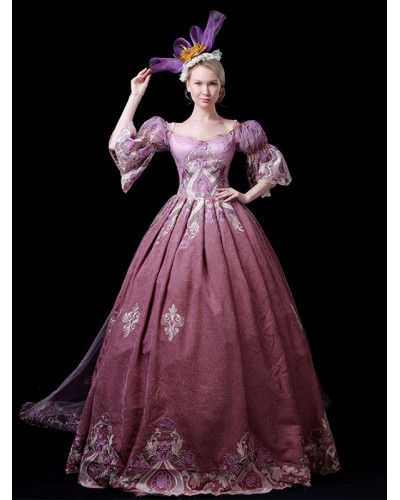 Women Fuchsia Pink Retro Costumes Embroidered Polyester Dress Marie Antoinette Costume 's Party Prom Dress Tunic Vintage Royal