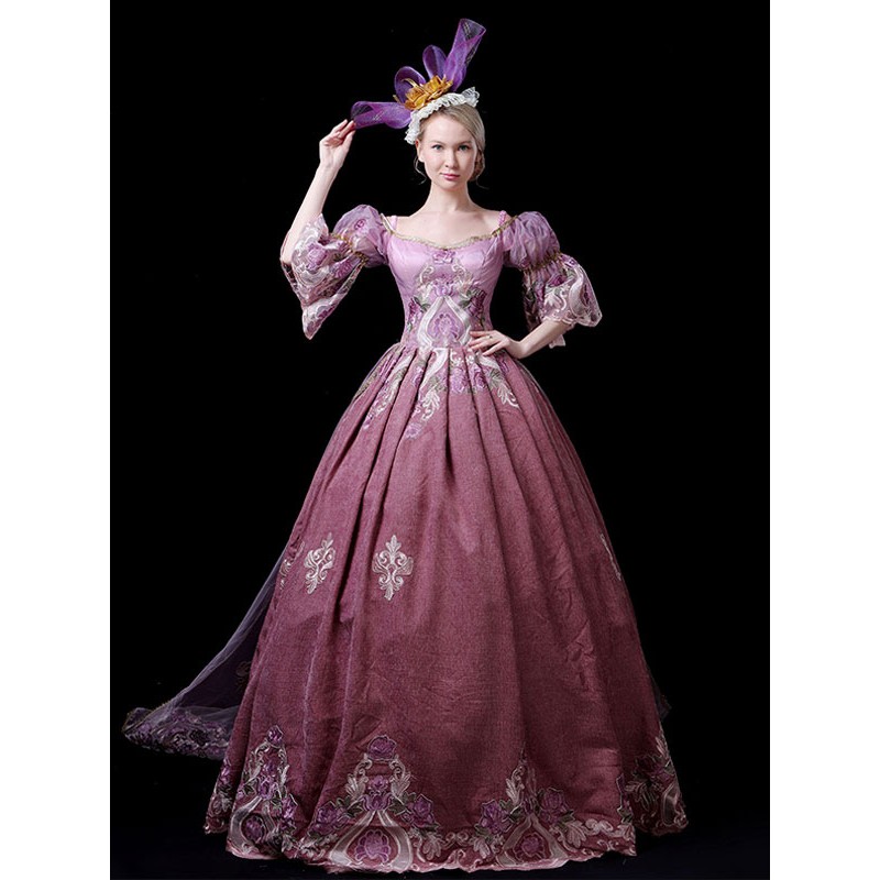 Women Fuchsia Pink Retro Costumes Embroidered Polyester Dress Marie Antoinette Costume 's Party Prom Dress Tunic Vintage Royal