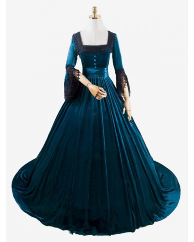 Women Deep Blue Costumes Lace Polyester Marie Antoinette Costume Dress 's Vintage Clothing Tunic Royal Retro