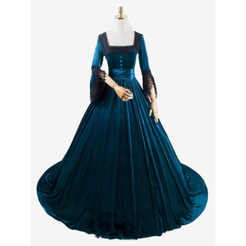 Women Deep Blue Costumes Lace Polyester Marie Antoinette Costume Dress 's Vintage Clothing Tunic Royal Retro