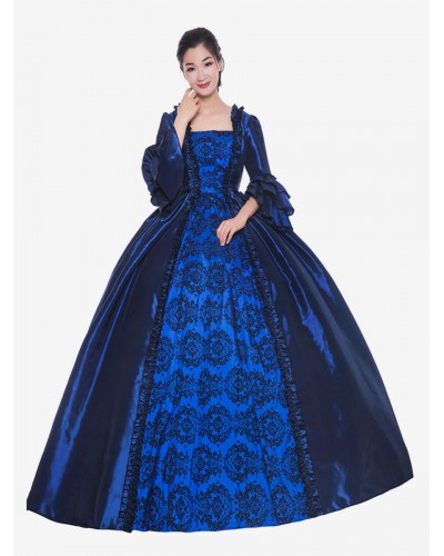 Women Victorian Dress Costume 's Deep Blue Ruffle Bows Short Sleeves Round Neckline Ball Gown Victorian Era Style Vintage Clothing Halloween Sets Victorian Era