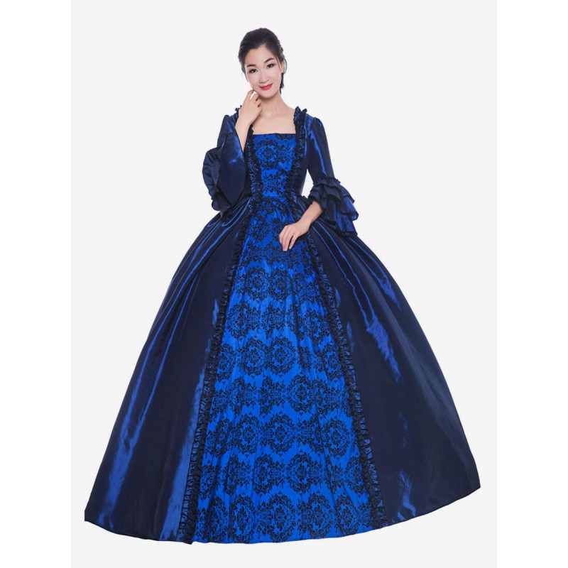 Women Victorian Dress Costume 's Deep Blue Ruffle Bows Short Sleeves Round Neckline Ball Gown Victorian Era Style Vintage Clothing Halloween Sets Victorian Era