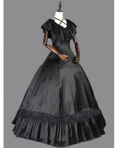 Women Black Retro Costumes 's Dress Ruffle Sateen Ball Gown Dress Sets Vintage Baroque