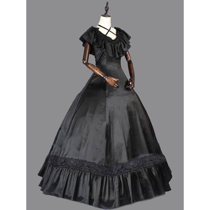 Women Black Retro Costumes 's Dress Ruffle Sateen Ball Gown Dress Sets Vintage Baroque