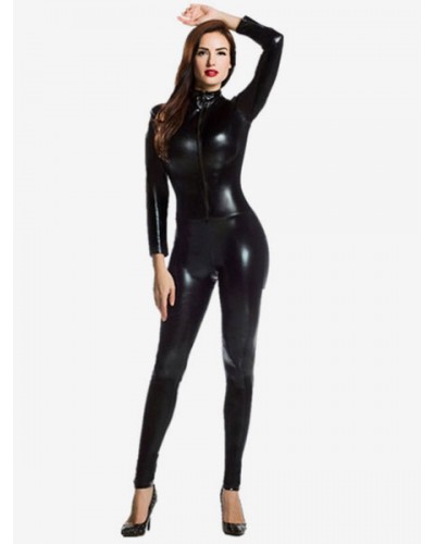 Black Adults Bodysuit Sexy Shiny Metallic Catsuit For Women