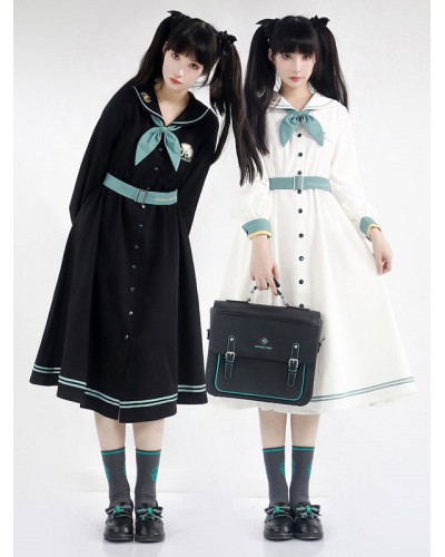 Sweet Lolita Dress Polyester Long Sleeves Navy Style Lolita Dress Navy Style Spring Summer Fall Winter