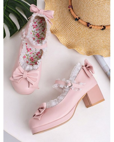 Sweet Lolita Footwear Pink Bows Leather Chunky Heel Lolita Pumps Daily Casual