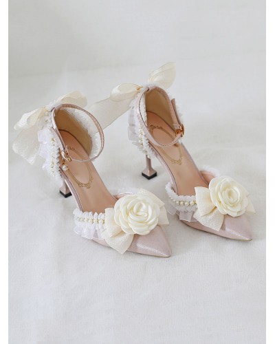 Sweet Lolita Ankle Strap Heel Ecru White Flowers Pearls Lace Nubuck Stiletto Heel Lolita Shoes Daily Casual