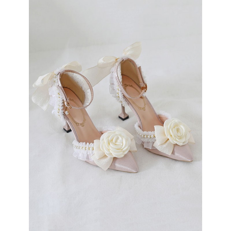 Sweet Lolita Ankle Strap Heel Ecru White Flowers Pearls Lace Nubuck Stiletto Heel Lolita Shoes Daily Casual