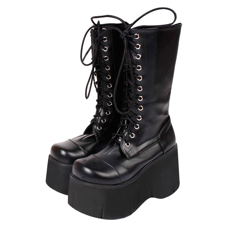 Harajuku Fashion Lolita Boots Black Silver Round Toe Flared Heel PU Leather Lolita Footwear Daily Casual