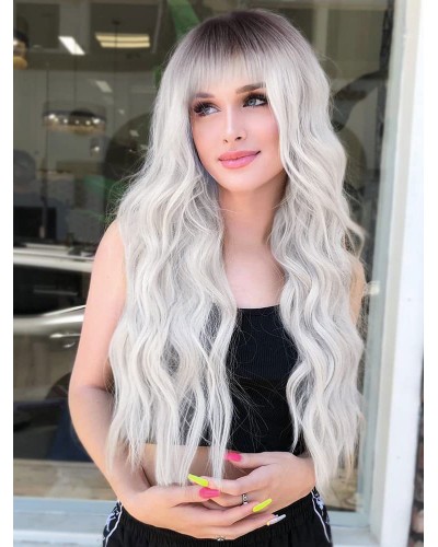 Long Wig For Woman Silver Curly Heat-resistant Fiber Layered Synthetic Wigs Casual