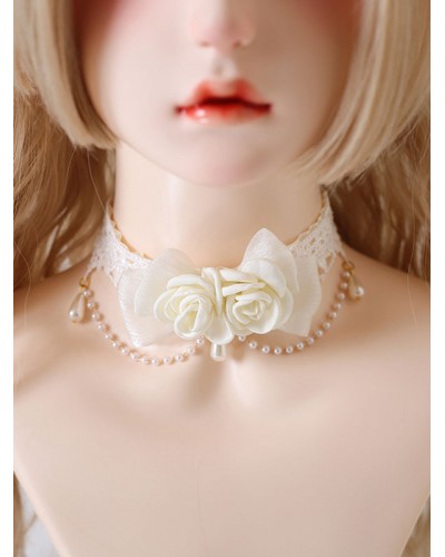 Lolita Accessories Ecru White Pearls Rose Choker Miscellaneous Necklace Sweet ROCOCO Daily Casual Tea Party